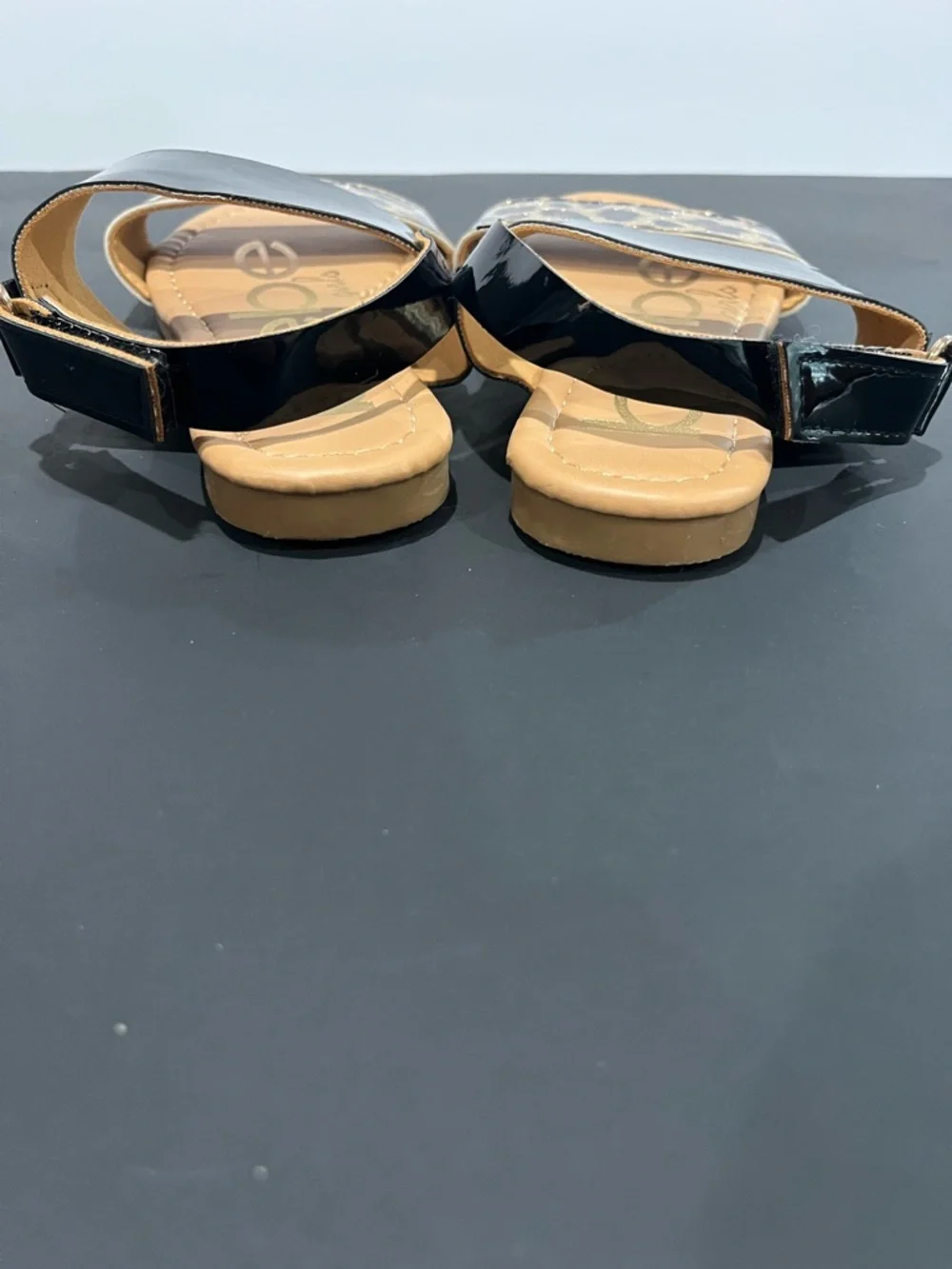bebe Black Tan Leopard Print Patent Leather Glitter Little Girls Strap Sandals